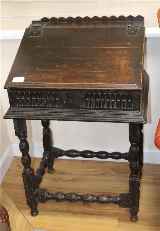 An antique oak bible box, on later stand, W.64cm